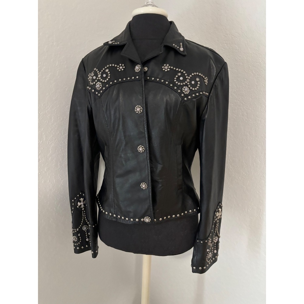 Western Black Leather Studded Cross Floral Button Front Jacket Womens